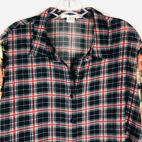 Sans Souci black red floral plaid sheer button grunge preppy top large - Picture 2 of 6